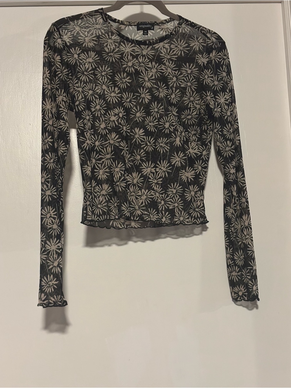 Originality Floral Mesh Long Sleeve Top - Black & Cream